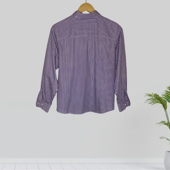Women’s Foxcroft Wrinkle Free Collared Button Up Shirt Purple White Stripe Sz 6P - Picture 2 of 6